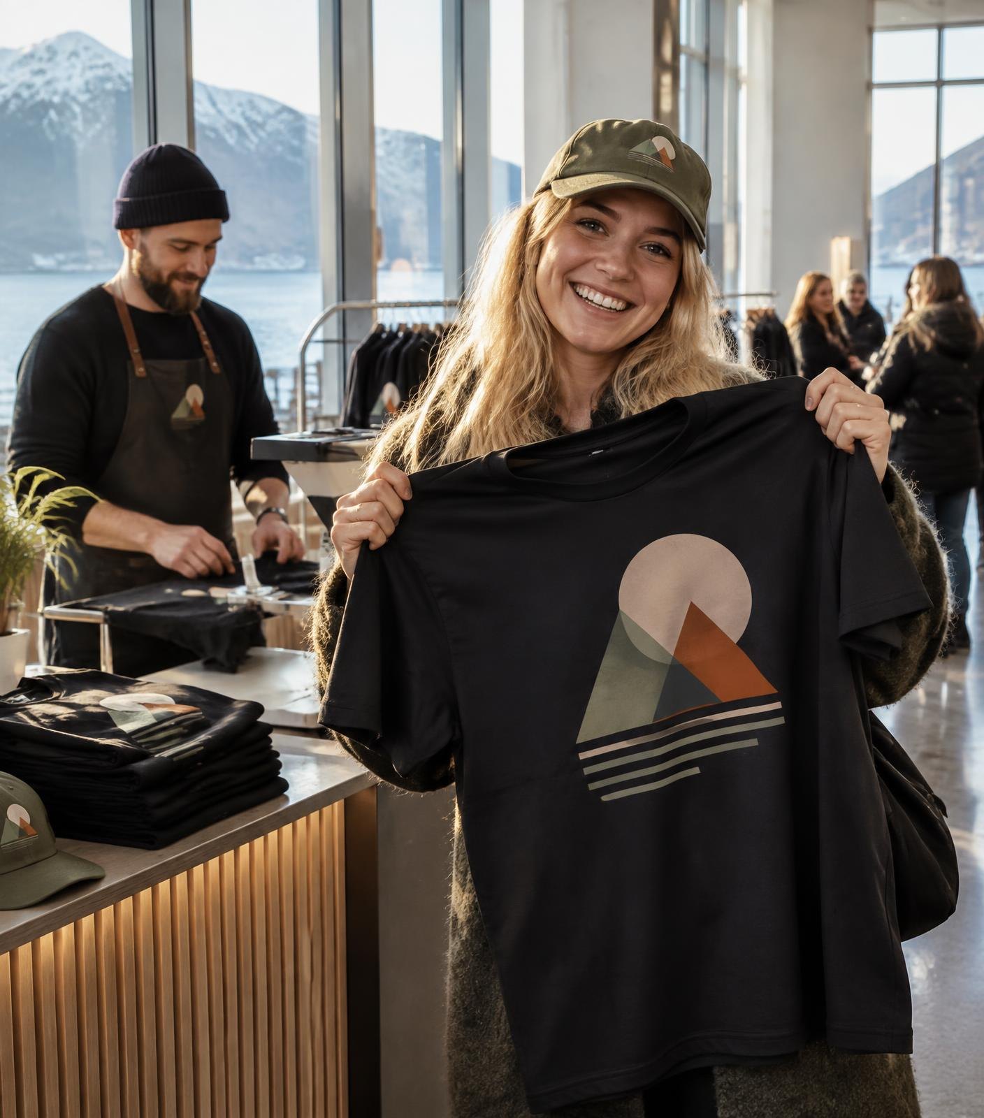 A guest holding their freshly made custom t-shirt