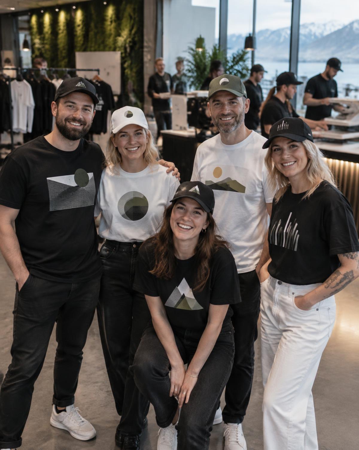 Guests at a corporate event wearing their merchandise