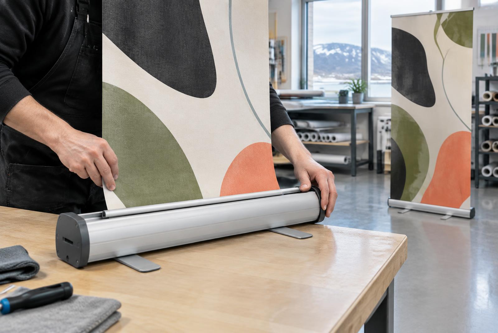 Sérprentað efni sett í Roll-up stand á verkstæði